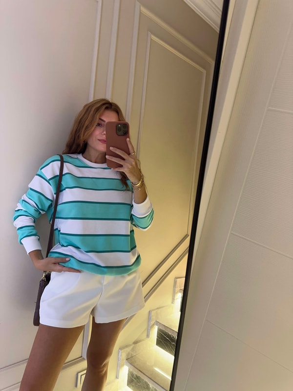 Bisiklet Yaka SweatshirtKadın Çizgili Oversize Sweatshirt - Mintyeşil