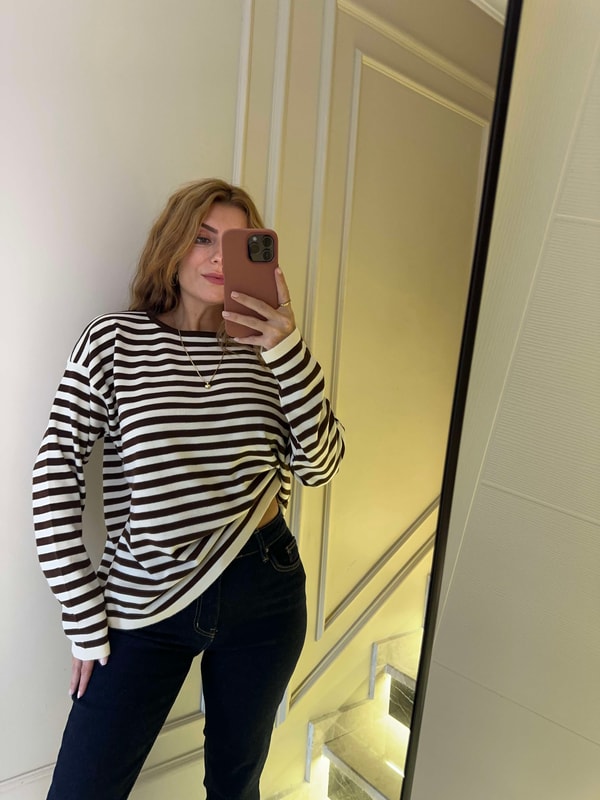 KazakKadın Çizgili Oversize Triko Bluz - Acı Kahve