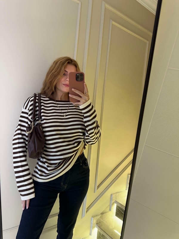 KazakKadın Çizgili Oversize Triko Bluz - Acı Kahve