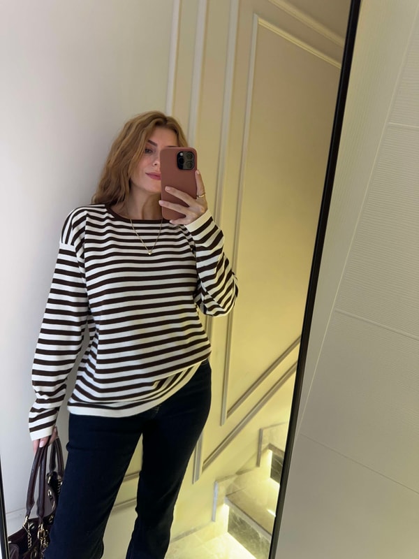 KazakKadın Çizgili Oversize Triko Bluz - Acı Kahve