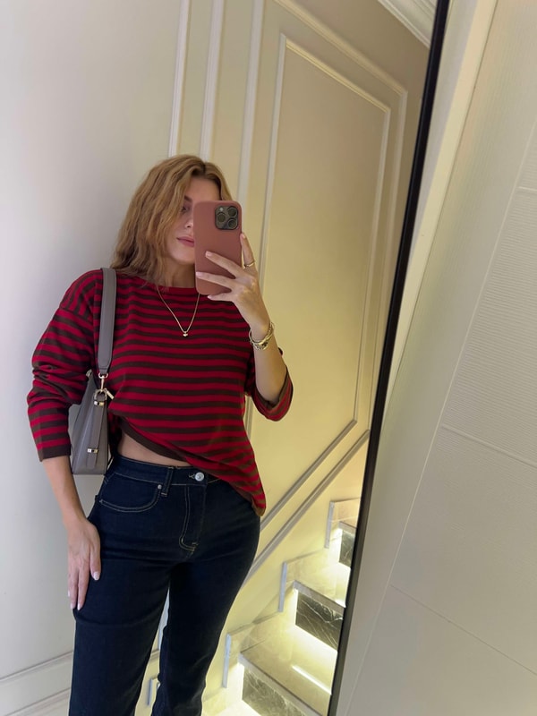 KazakKadın Çizgili Oversize Triko Bluz - Kırmızı