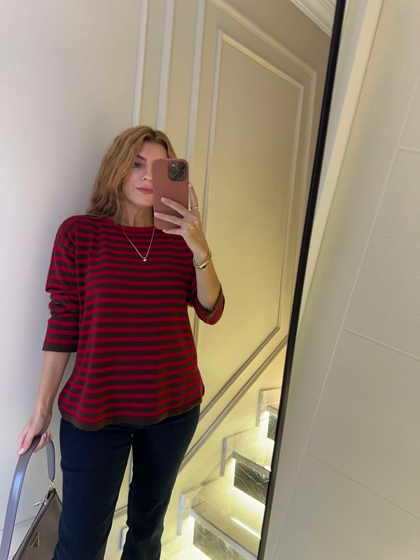KazakKadın Çizgili Oversize Triko Bluz - Kırmızı