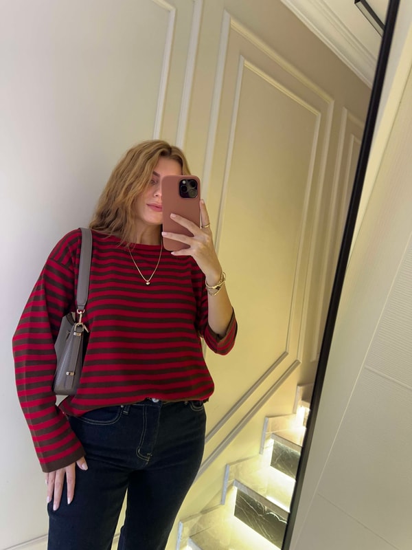 KazakKadın Çizgili Oversize Triko Bluz - Kırmızı