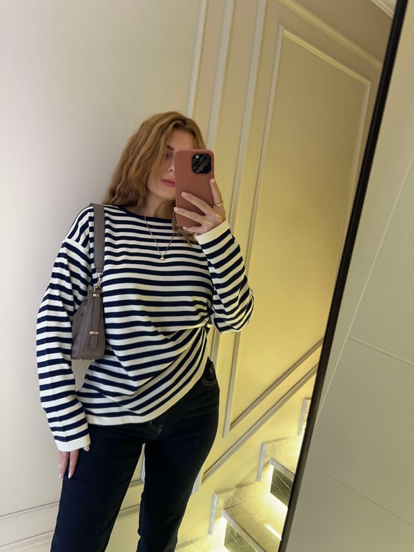 KazakKadın Çizgili Oversize Triko Bluz - Lacivert