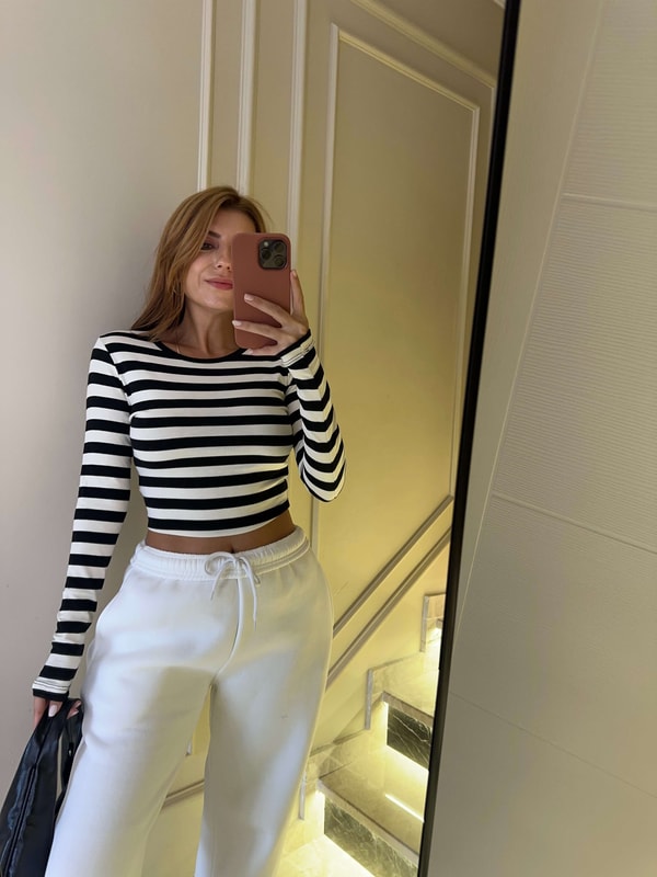 Uzun Kollu BluzKadın Çizgili Soft Crop Body - Siyah