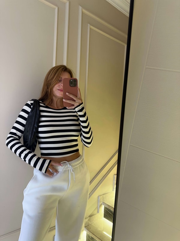 Uzun Kollu BluzKadın Çizgili Soft Crop Body - Siyah