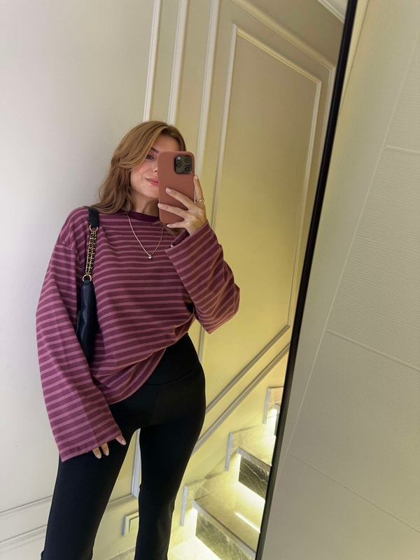 Bisiklet Yaka SweatshirtKadın Çizgili Sweatshirt - BordoPembe