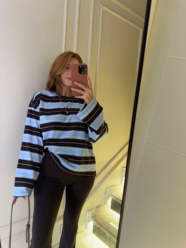 Bisiklet Yaka SweatshirtKadın Çizgili Sweatshirt - KahveMavi