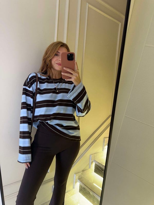Bisiklet Yaka SweatshirtKadın Çizgili Sweatshirt - KahveMavi