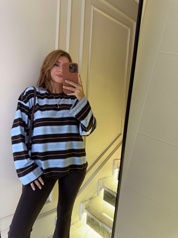 Bisiklet Yaka SweatshirtKadın Çizgili Sweatshirt - KahveMavi