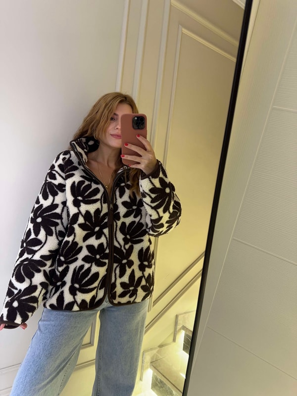 Peluş CeketKadın Fermuarlı Peluş Ceket Acı Kahve Çiçek