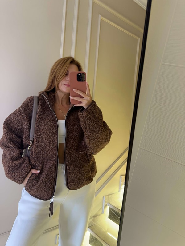 Peluş CeketKadın Fermuarlı Peluş Ceket Kırçıllı Kahve