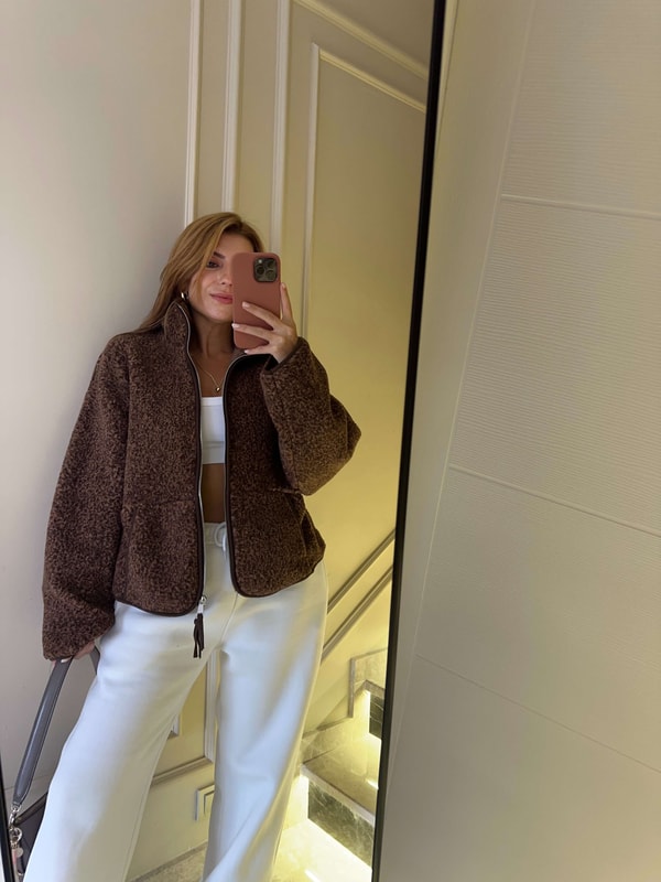 Peluş CeketKadın Fermuarlı Peluş Ceket Kırçıllı Kahve