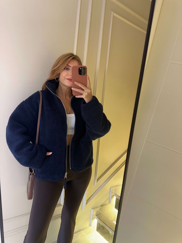 Peluş CeketKadın Fermuarlı Peluş Ceket - Lacivert