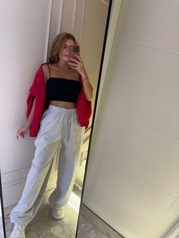 Bol Paça PantolonKadın Geniş Paça Lastikli Jogger Pantolon - Gri Melanj