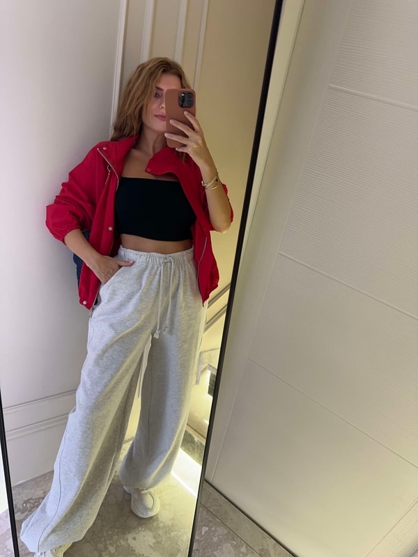 Bol Paça PantolonKadın Geniş Paça Lastikli Jogger Pantolon - Gri Melanj