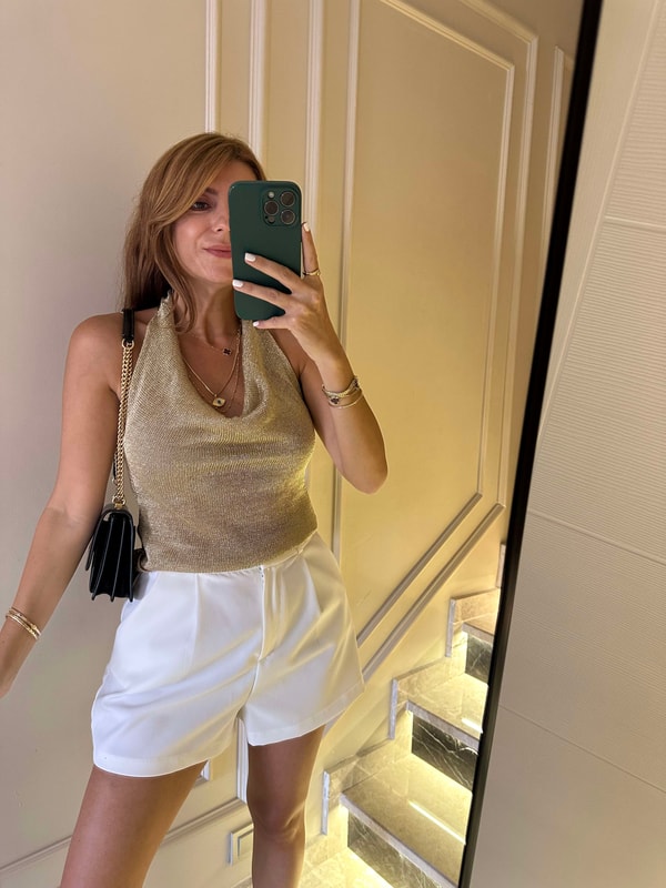 Sıfır Kol BluzKadın Gold Degaje Yaka Simli Bluz