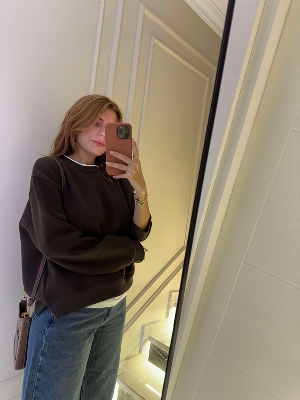 Bisiklet Yaka SweatshirtKadın İkili Uzun Şardonlu Sweatshirt - Acı Kahve
