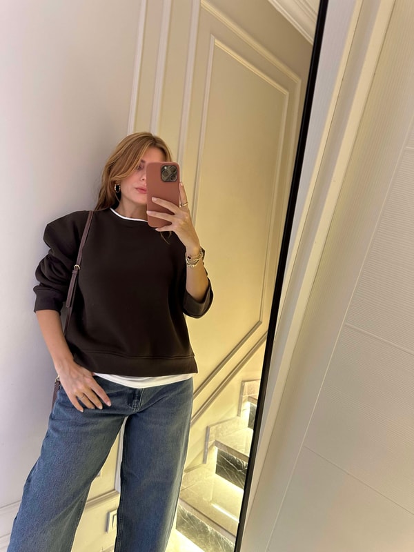 Bisiklet Yaka SweatshirtKadın İkili Uzun Şardonlu Sweatshirt - Acı Kahve