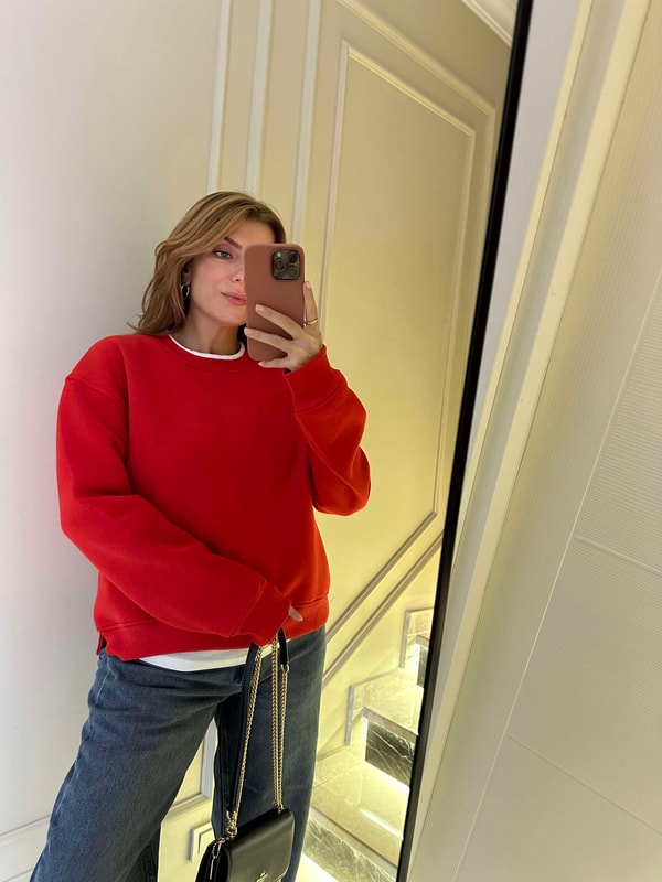 Bisiklet Yaka SweatshirtKadın İkili Uzun Şardonlu Sweatshirt - Kırmızı