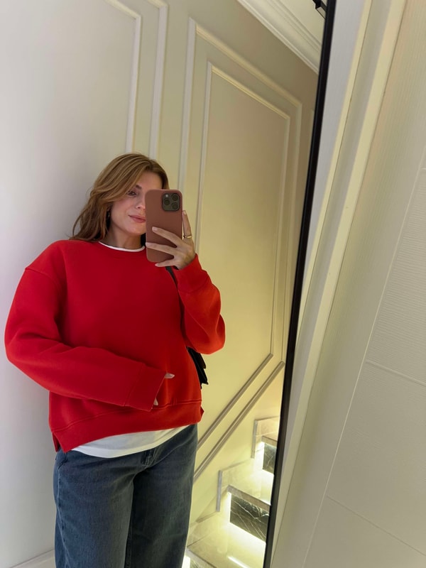 Bisiklet Yaka SweatshirtKadın İkili Uzun Şardonlu Sweatshirt - Kırmızı