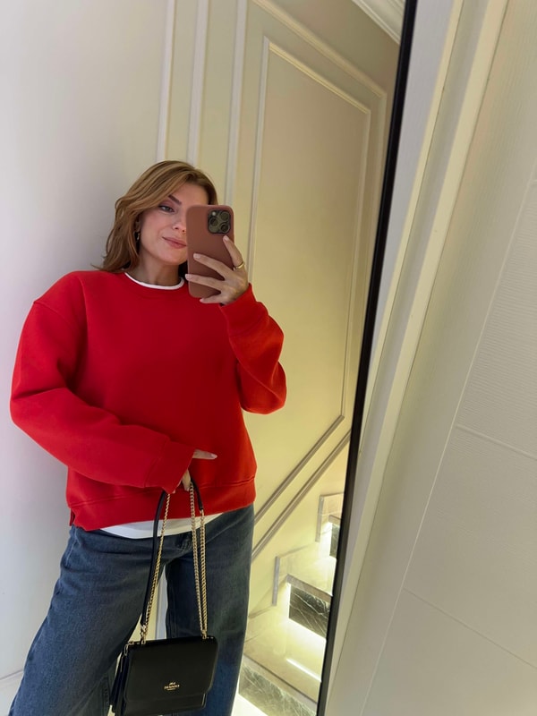 Bisiklet Yaka SweatshirtKadın İkili Uzun Şardonlu Sweatshirt - Kırmızı