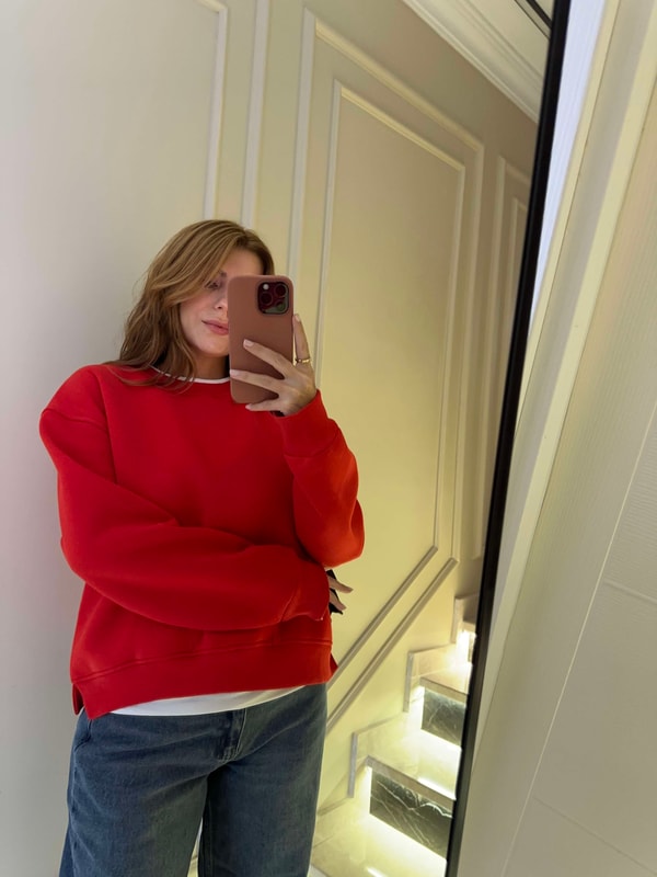Bisiklet Yaka SweatshirtKadın İkili Uzun Şardonlu Sweatshirt - Kırmızı