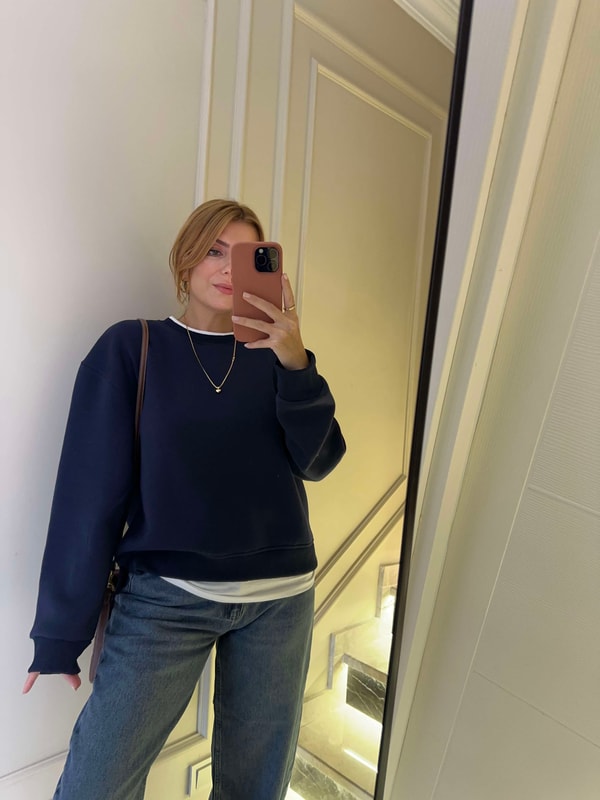 Bisiklet Yaka SweatshirtKadın İkili Uzun Şardonlu Sweatshirt - Lacivert