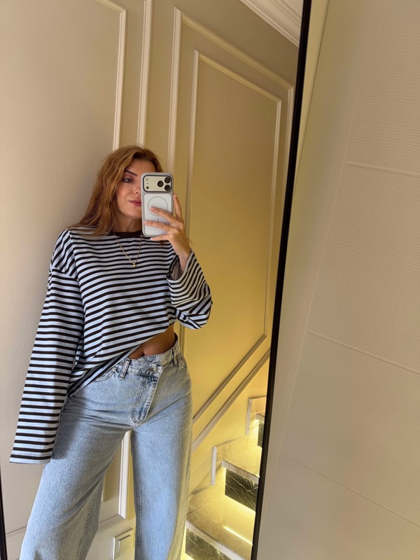 Bisiklet Yaka SweatshirtKadın İnce Çizgili Sweatshirt - KahveMavi