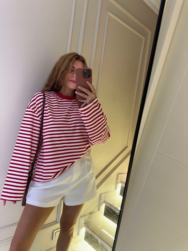 Bisiklet Yaka SweatshirtKadın İnce Çizgili Sweatshirt - KırmızıBeyaz