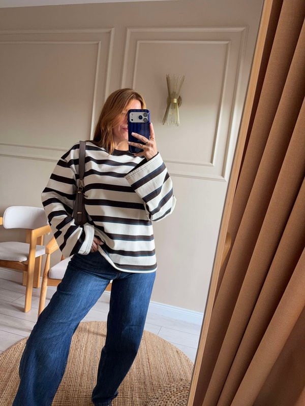 Bisiklet Yaka SweatshirtKadın Kalın Çizgili Sweatshirt - EkruKahve
