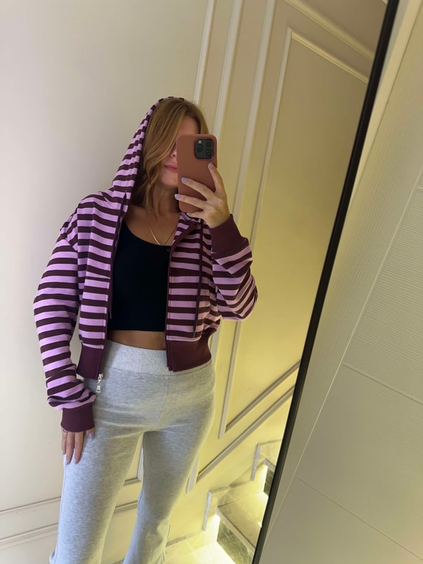 Kapşonlu SweatshirtKadın Kapşonlu Çizgili Sweatshirt - BordoLila