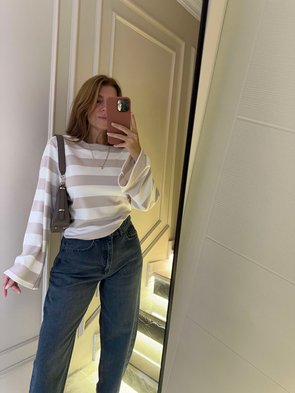 Uzun Kollu BluzKadın Kayık Yaka Çizgili Uzun Kol Bluz - Krem