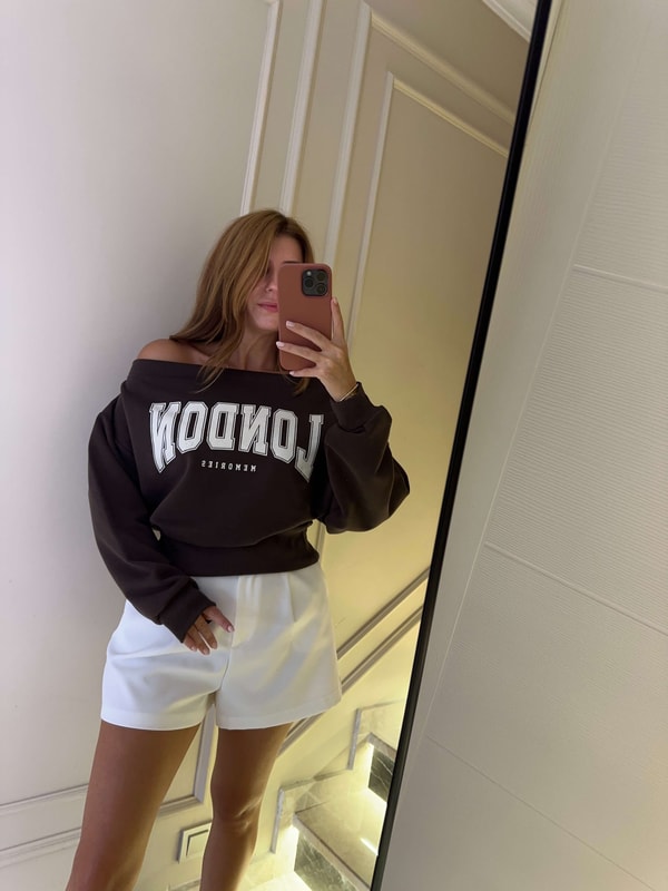 Uzun Kollu BluzKadın Kayık Yaka London Sweatshirt - Acı Kahve