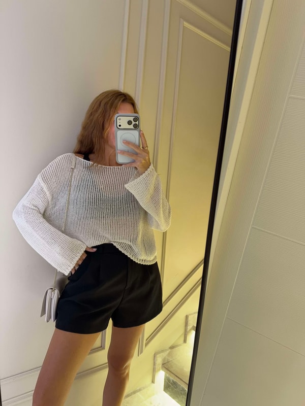 Triko BluzKadın Kayık Yaka Transparan Triko Bluz - Krem