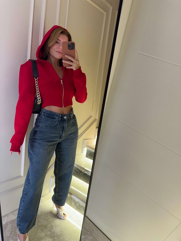 Kapşonlu SweatshirtKadın Korseli Hırka - Kırmızı