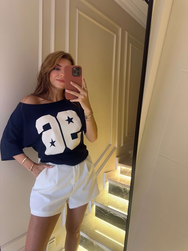 Kısa Kollu BluzKadın Lacivert Kayık Yaka 96 Baskılı Bluz