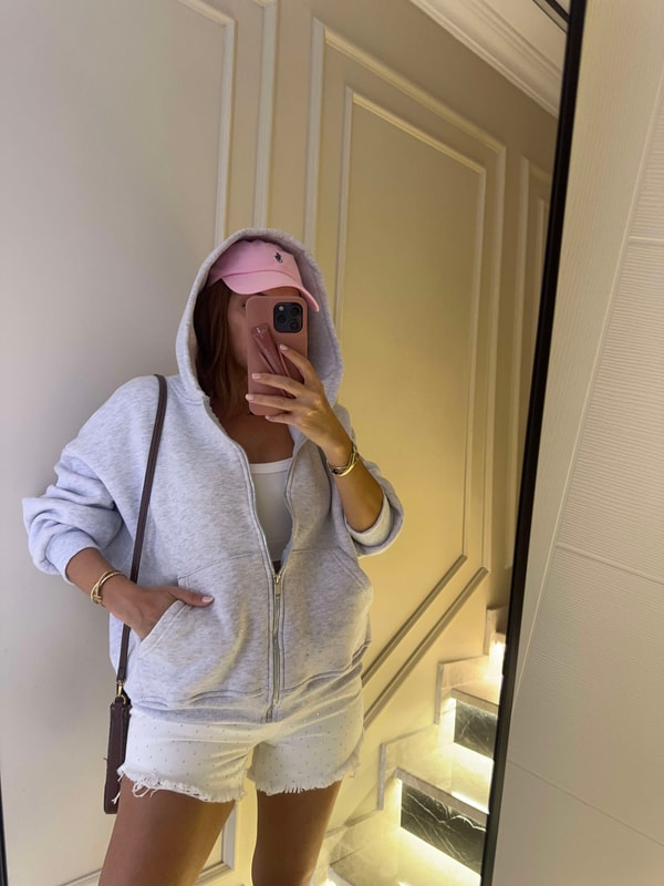 Kapşonlu SweatshirtKadın Melanj Gri Fermuarlı Oversize Hırka