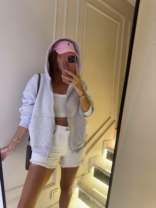 Kapşonlu SweatshirtKadın Melanj Gri Fermuarlı Oversize Hırka