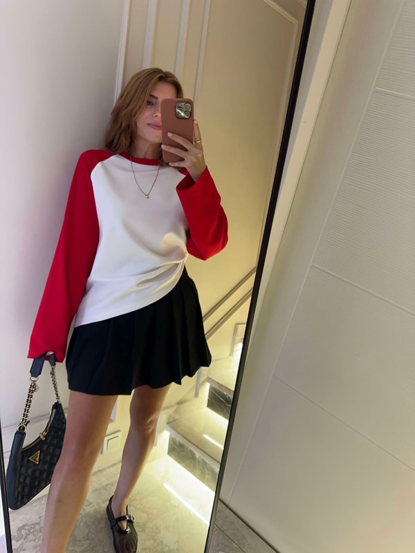 Uzun Kollu BluzKadın Modal Kumaş Çift Renk Bluz - KırmızıBeyaz