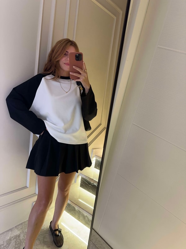 Uzun Kollu BluzKadın Modal Kumaş Çift Renk Bluz - SiyahBeyaz