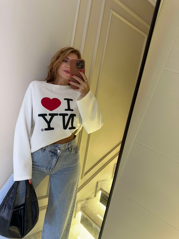 Uzun Kollu BluzKadın Modal Kumaş I Love NY Bluz