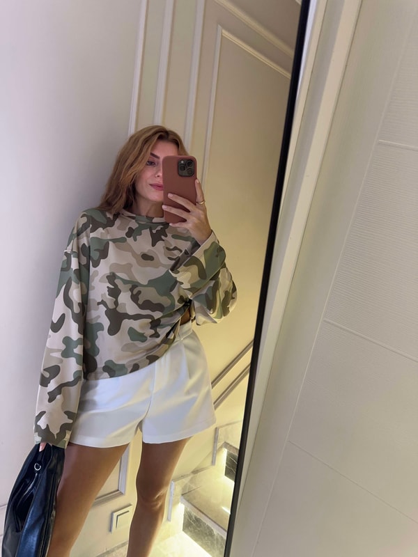 Uzun Kollu BluzKadın Modal Kumaş Kamuflaj Bluz