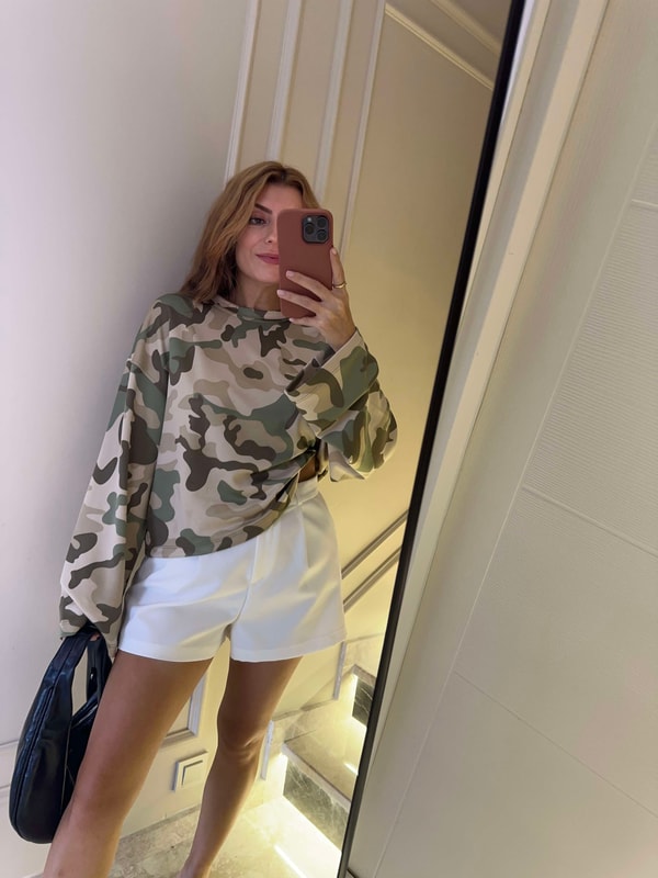 Uzun Kollu BluzKadın Modal Kumaş Kamuflaj Bluz