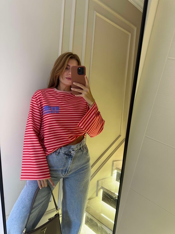 Uzun Kollu BluzKadın New York City Çizgili Sweatshirt - PembeKırmızı
