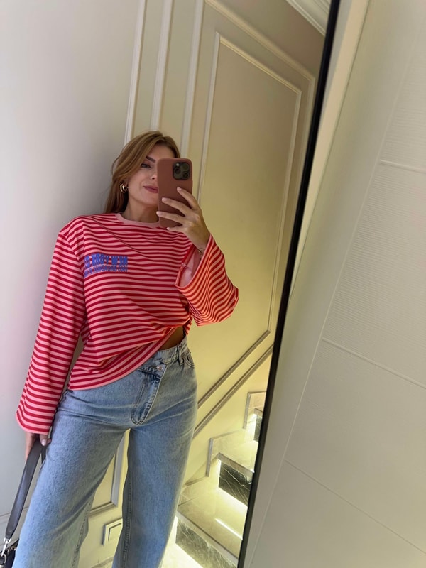 Uzun Kollu BluzKadın New York City Çizgili Sweatshirt - PembeKırmızı