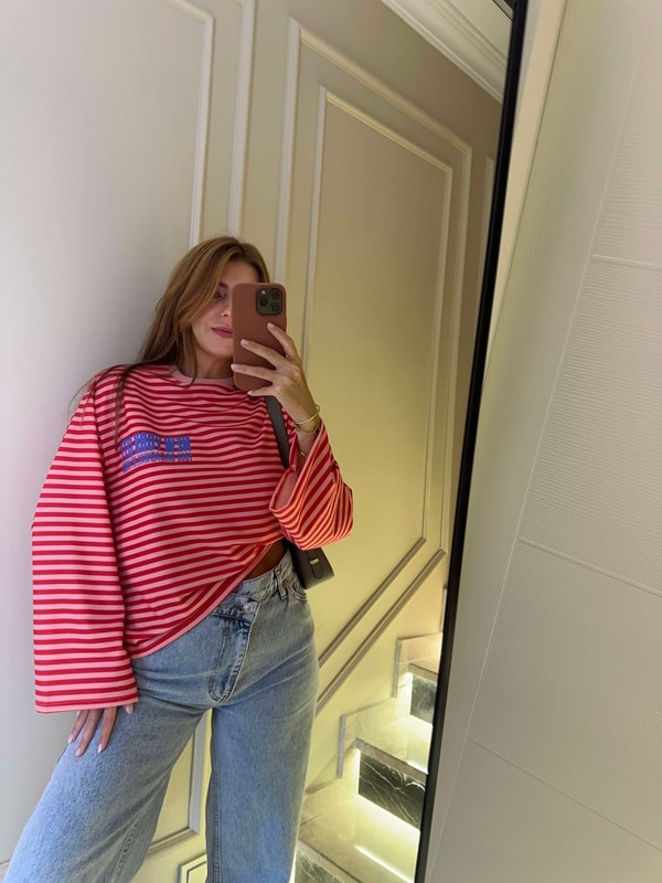 Uzun Kollu BluzKadın New York City Çizgili Sweatshirt - PembeKırmızı