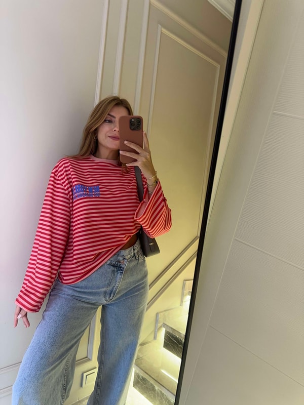Uzun Kollu BluzKadın New York City Çizgili Sweatshirt - PembeKırmızı