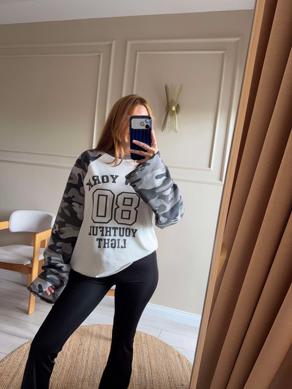 Bisiklet Yaka SweatshirtKadın New York Kamuflaj Reglan Sweatshirt - Gri