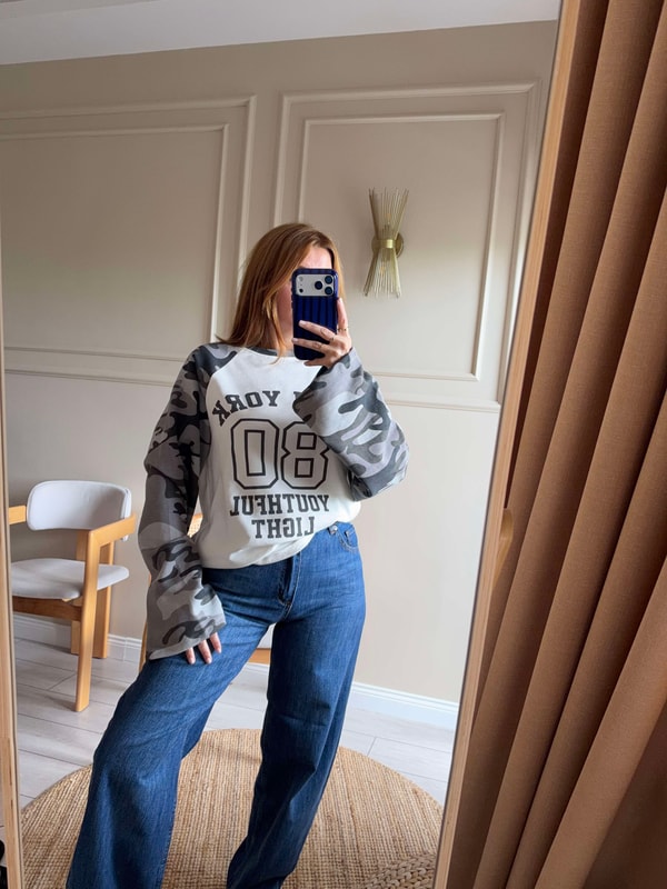Bisiklet Yaka SweatshirtKadın New York Kamuflaj Reglan Sweatshirt - Gri